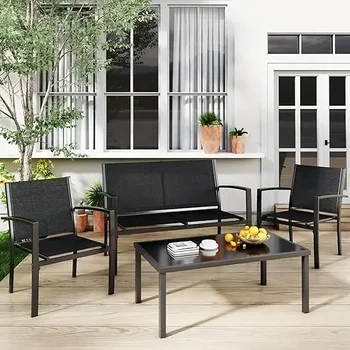 4-Piece Black Outdoor Patio Conversation Set with Glass Table 1