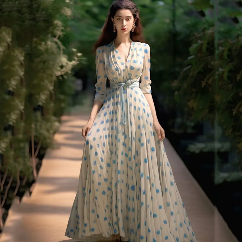 Fashion Dresses For Spring.Long-Sleeve-Casual-Fashion-Dress-Spring-blue-wave-point-Women-Summer ...