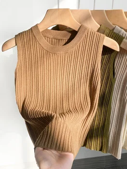 AOSSVIAO 2025 سترات نسائية محبوكة كورية بلوزات نسائية سادة برقبة دائرية Y2K بلوزات صيفية جديدة للسيدات بدون أكمام قطع علوية رفيعة غير رسمية 3
