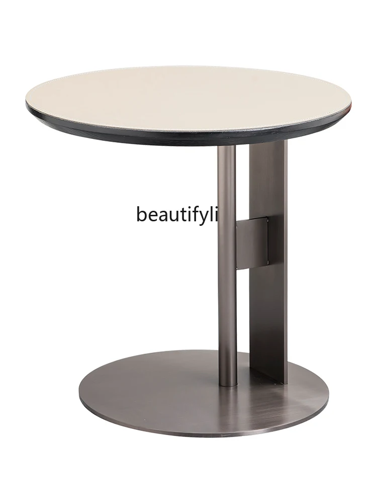 

Modern Light Luxury round Side Table Italian Saddle Leather Solid Wood Balcony Side Table Small Coffee Table