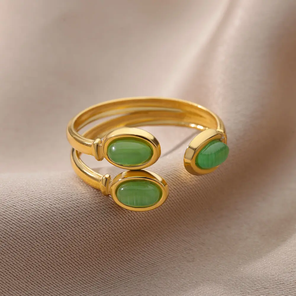 Green Stone Ring For Women Stainless Steel Gold Color Adjustable