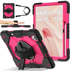 Heavy Duty Universal Tablet Case with 360° Rotating Stand and Anti-Slip Hand & Shoulder Strap for MatePad 12 X 2024 (Black-Rose Red)