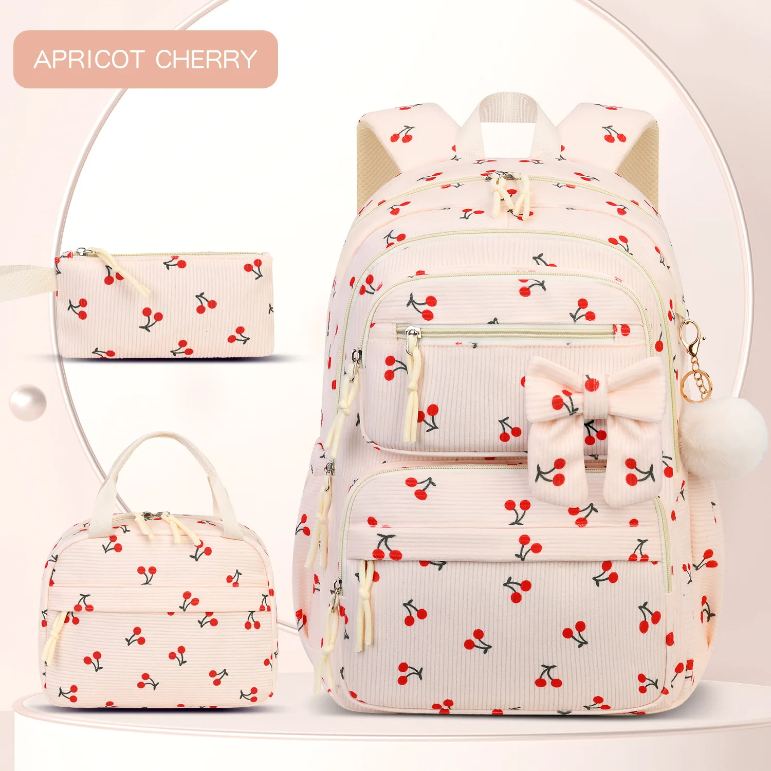 2026 High end Corduroy Material 3-Piece School Bag Set for Teenage Girls Fashion bow patchwork women's backpack Cute schoolbags 6