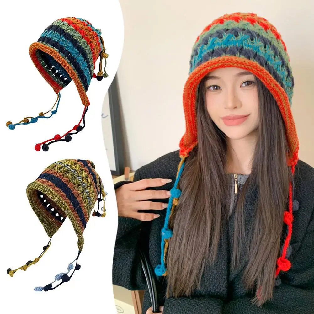 1pc Korean Imitation Handmade Crochet Colored Yarn Hat For Women Winter Fashion Nitted Beanie Cap Hm Earflap Tassel Pompom N2X9