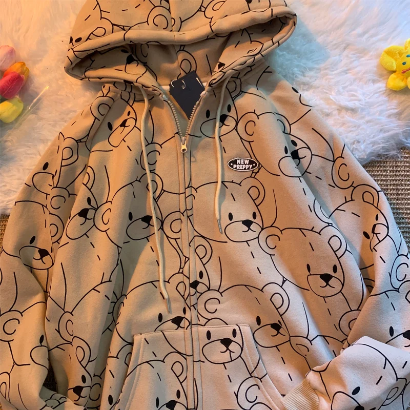 Cute Bear Zipper Hooded Jacket Female Autumn Clothes Harajuku Vintage Chic Sweatshirt Cartoon Fashion Casual Female Coat