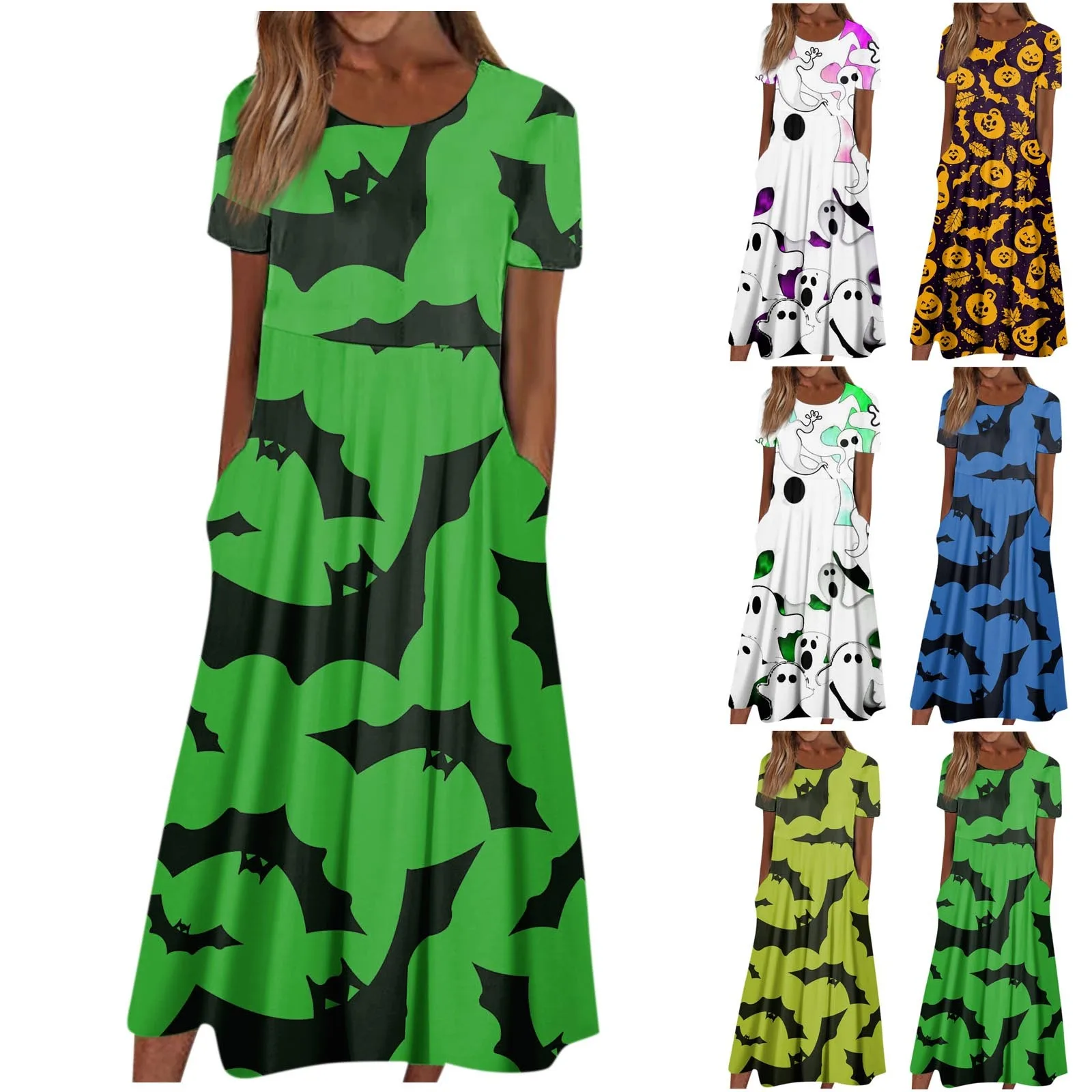 

Women'S Dress Casual Fashion Halloween Printed Round Neck Short Sleeve Pocket Dress Elastic Comfortable Soft Dress Vestidos