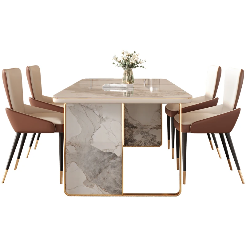 

Роскошный обеденный стол светильник, прямоугольный Блестящий обеденный стол с каменной тарелкой, металлический обеденный стол и стул из нержавеющей стали