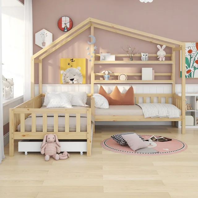 Children's bed house bed with drawers and shelves, solid wood with fence  and slatted frame,, natural (90x200 cm+140x70cm) - AliExpress