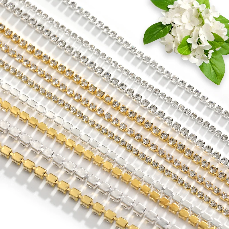 1Yard 10Yards/Roll Shiny Rhinestone Chain SS6-SS16 Gold Silver Crystal For Clothes DIY Jewelry Sewing Trimmings Accessories