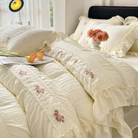 Korean Princess Style Lace Ruffles Wedding Bedding Set Seersucker Washed Cotton Soft Duvet Cover Set Bed Sheet Pillowcase 3/4Pcs