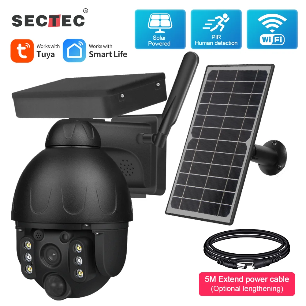 

SECTEC Tuya Wifi 2MP IP PTZ Camera Solar Outdoor Securty Cctv Glorious Night Vision PIR Human Detection Two-way Voice Cam