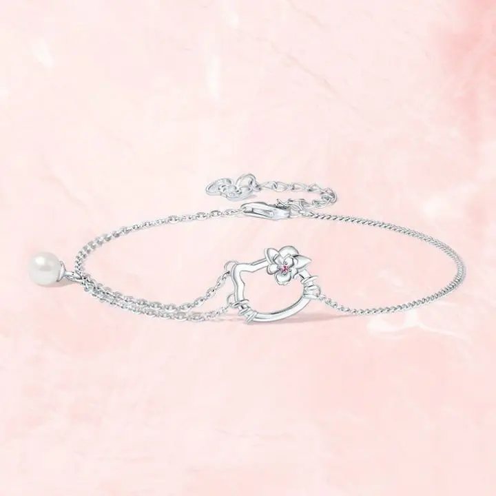Sanrio Hello Kitty Bracelet Diamond Silver Plated Cartoon Bracelet Jewelry Girl Birthday and Holiday Gifts