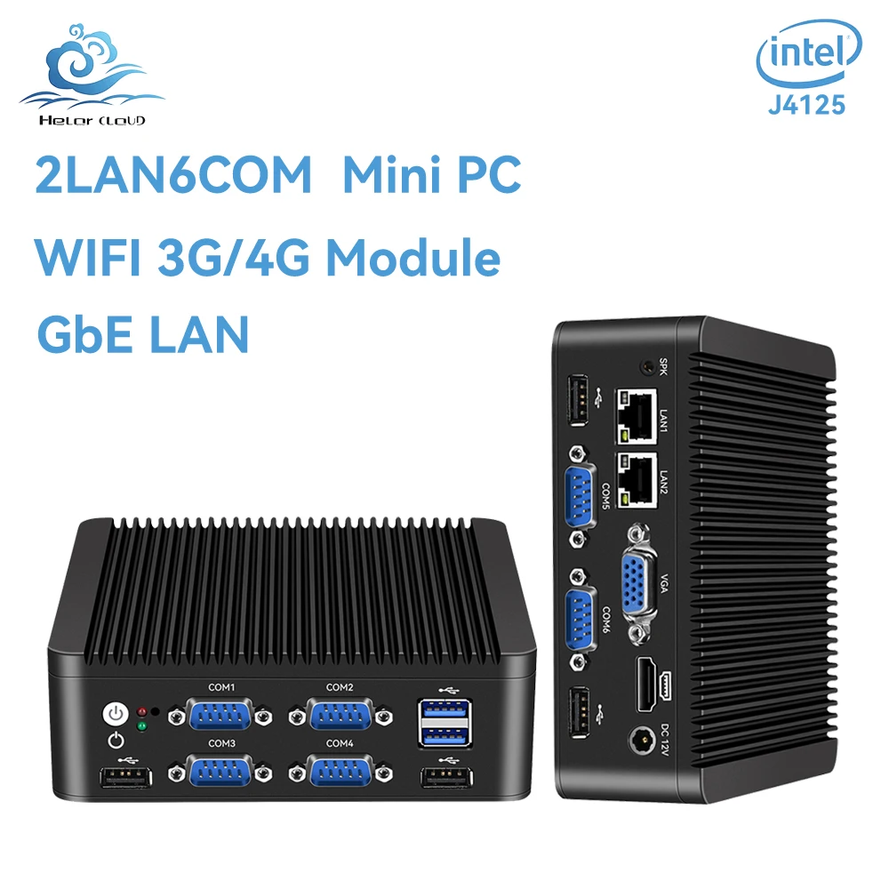 Helorpc Fanless Industrial Dual LAN 6 COM Mini PC Inter Celeron J4125 8G DDR4 Support Win10/11 Linux Pfsense Firewall Computer partaker intel j3060 fanless mini pc dual gigabit lan nuc case barebones computer linux support 2 hdmi aes ni pfsense vpn