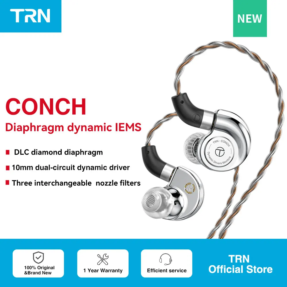 TRN Conch Earphone High-Performance DLC Diamond Diaphragm Dynamic in-Ear Monitors Interchangeable Tuning Nozzle Filters Hot Sale ak faaeal hibiscus 10mm carbon diaphragm dynamic driver in ear earphone hifi dj sport earphone earbuds detachable 2pin cable