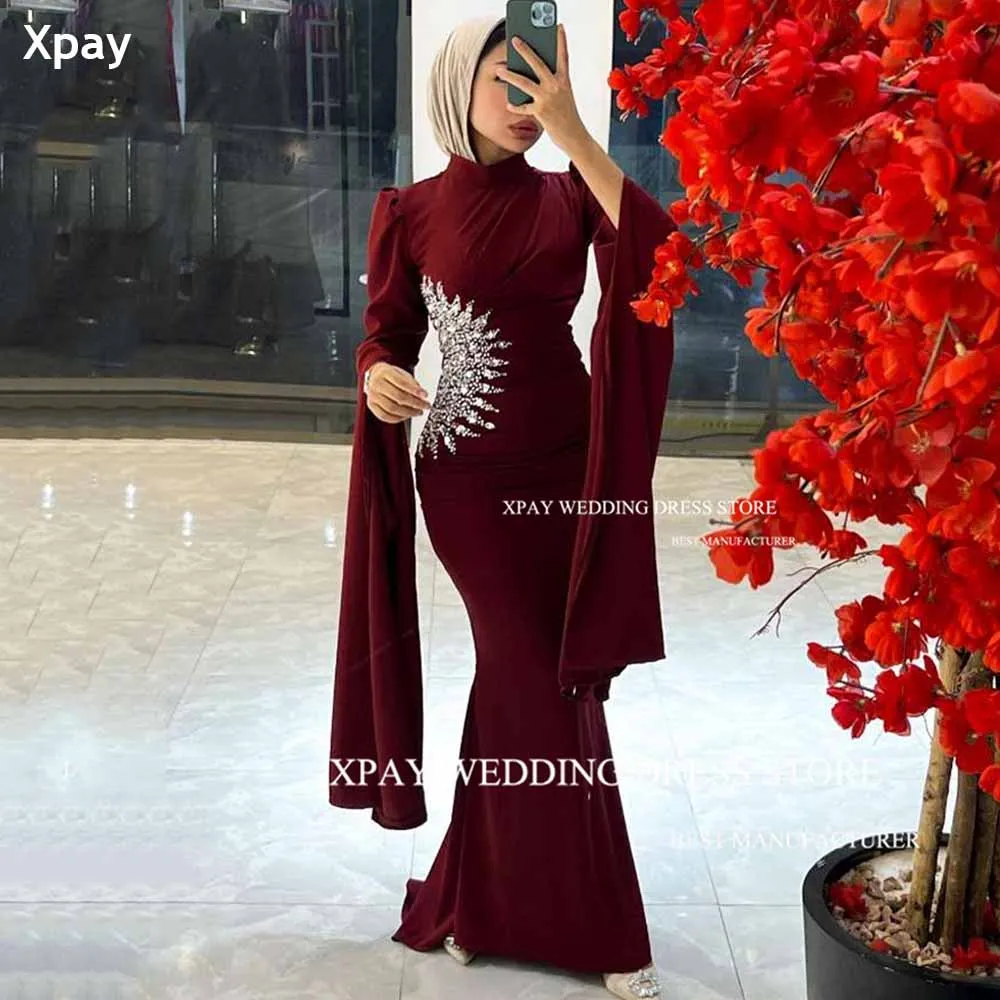 

XPAY Burgundy Long Flare Sleeve Evening Dresses Muslim Arabic Mermaid Prom Gowns Beading Special Occasion Dress Satin Party Gown