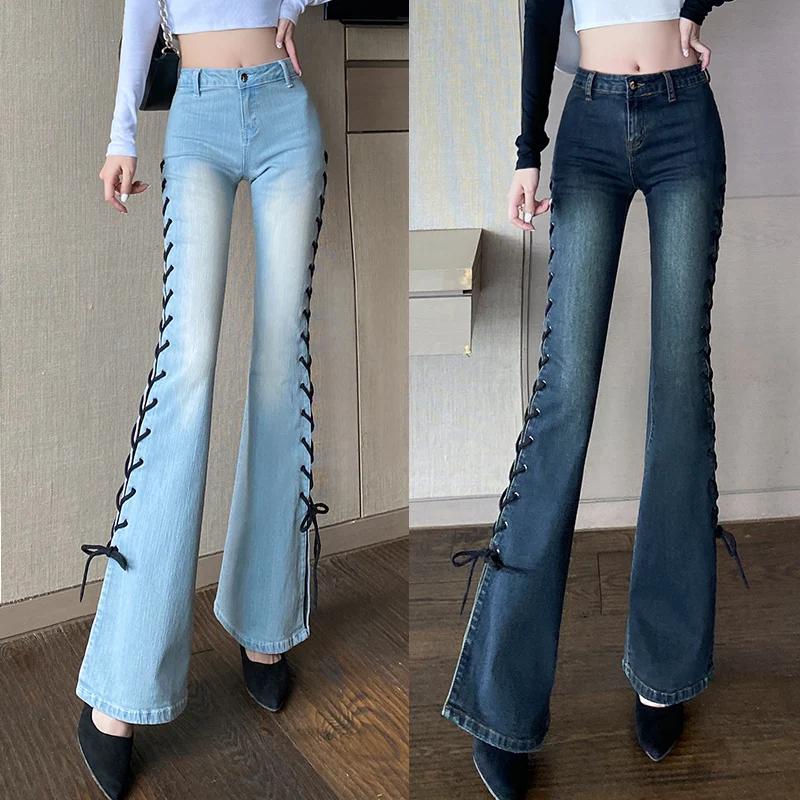 Big Flare Denim Pants Female Side Bandage Bell Bottom Jeans Vintage Long Trousers Women Slit Lace Up Flared Jeans High Fashion