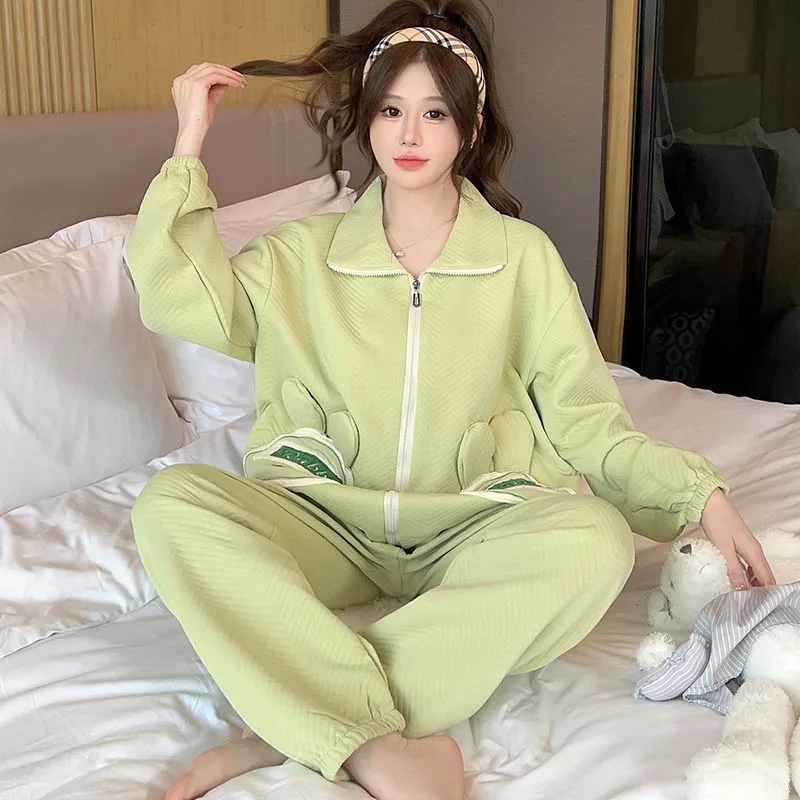 Women Sandwich Pajamas Winter New Cardigan Zipper Sweet Loose Large Size Casual Nightclothes Set Coral Fleece Homewear Suit 2024