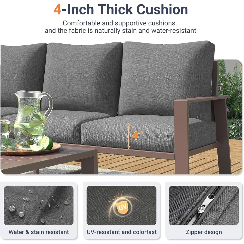 5 Pieces Aluminum Patio Furniture Set, 7-Seat Metal Outdoor Furniture Set with 4" Water-Resistant Cushion , Sets for Porch, Deck 6