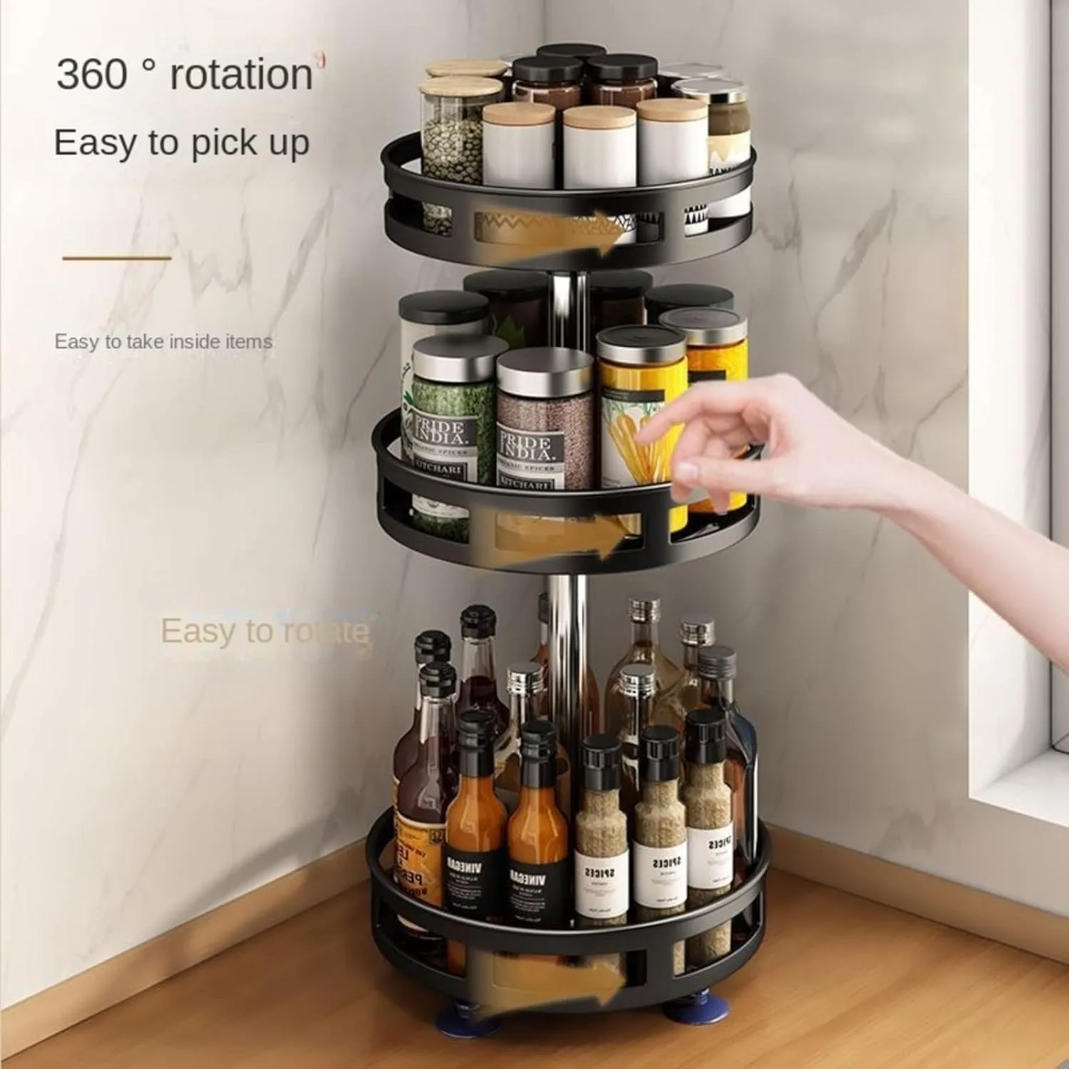 360°Rotating Kitchen Spice Storage Rack Organizer Desktop No Punching Home Multi-layer Round Rotating Spice Bottle Shelf Storage 3