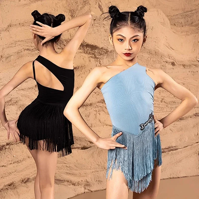 

Kids Latin Dance Dress Girls Slant SHoulder Fringe Dress Cha Cha Rumba Samba Performance Clothes Black Competition Dress BL12403