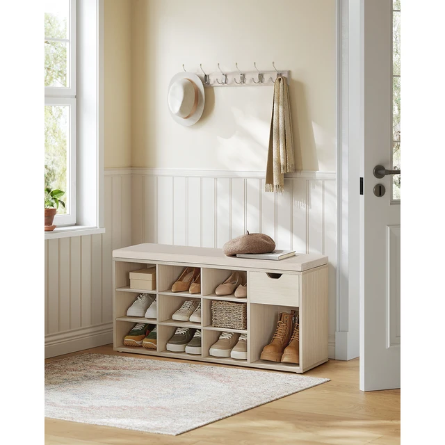 VASAGLE Shoe Storage Bench, Hallway Bench with Cushion, Drawer and Open Compartments with Seat, for Living Room, Bedroom