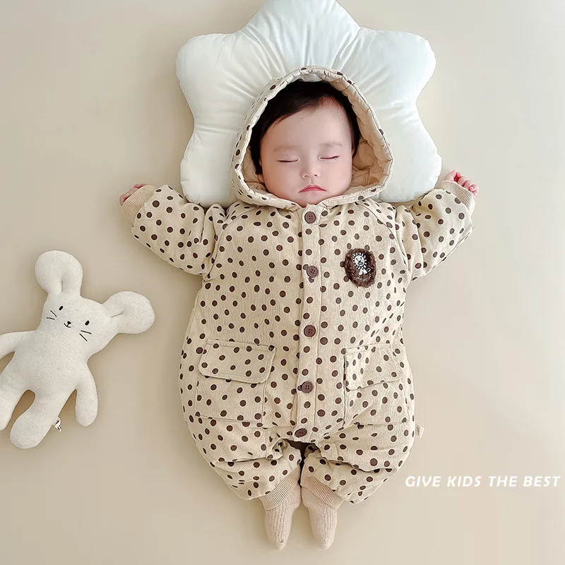 

Baby Cotton Padded Jumpsuit 0-2 Years Old Autumn Winter Clothes Infant Polka Dot Hooded Bodysuit Clothes Newborn Corduroy Romper