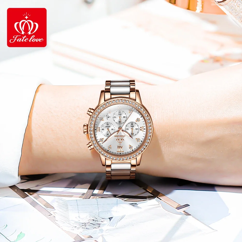 Fate Love 881 Luxury Quartz Watch For Women Chronograph Calendar Wristwatches Luminous Waterproof Ceramic Strap Women's Watches