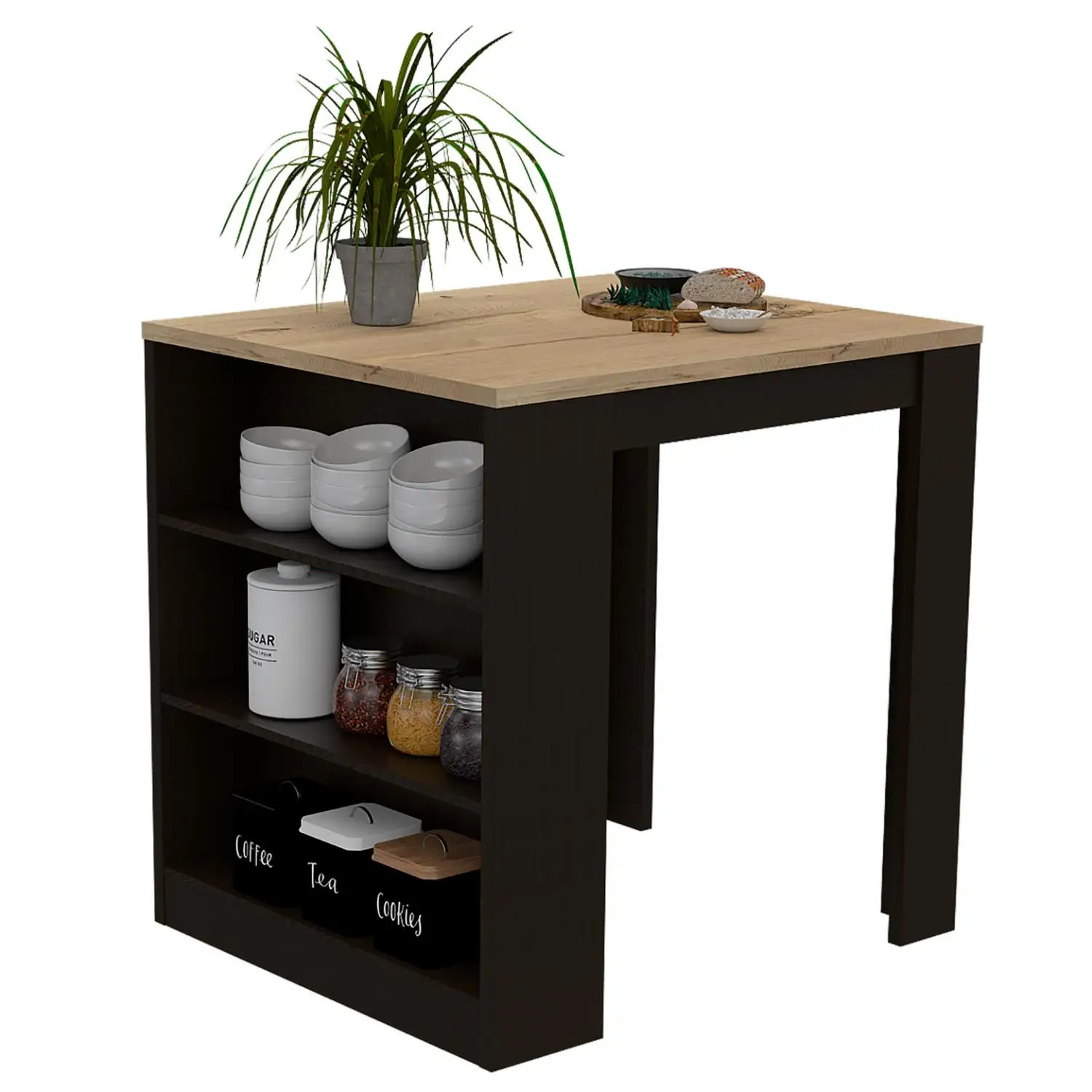 Tanna Kitchen Counter Dining Table ,Two Legs, Three Side Shelves Black / Pine 5