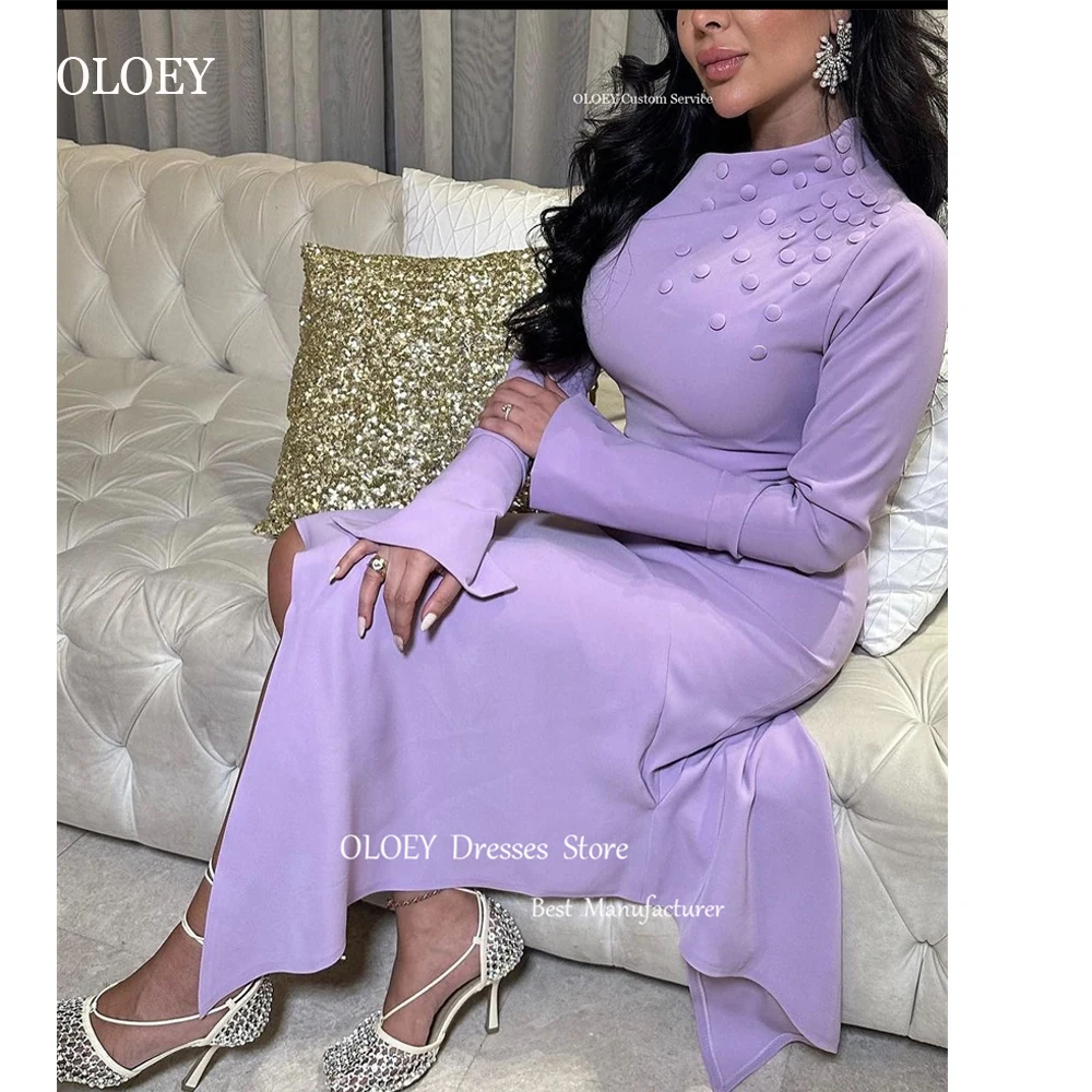 

OLOEY Elegant Lavender Saudi Arabic Evening Party Dresses Long Sleeves High Neck Buttons Asymmetric Tea Length Formal Event Gown