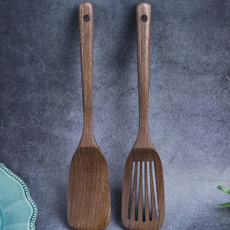 Wooden Spatula&Slotted Spatula for Cooking Black Walnut Long Handle Wood Slotted Turner for Non-Stick Cookware