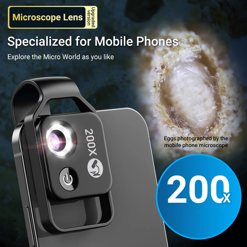 APEXEL Microscope 200X pour appareil photo de smartphone, mini microscope  de poche avec filtre CPL, lumière LED avec 2 niveaux de luminosité,  fixation pour objectif pour téléphone (Noir) : : Commerce,  Industrie