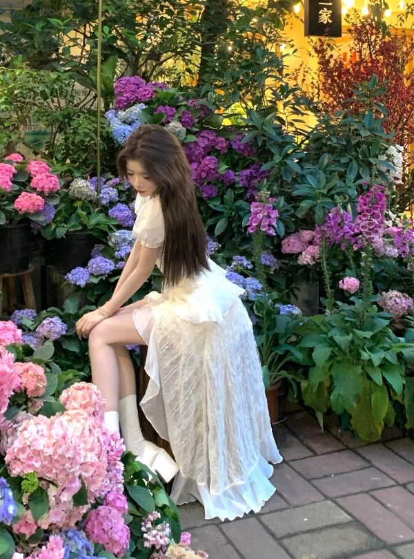 Y2K Irregular Ruffles Midi Dresses for Women Puff Sleeve Square Collar A-line French Vintage Birthday Party Dress Prom Vestidos