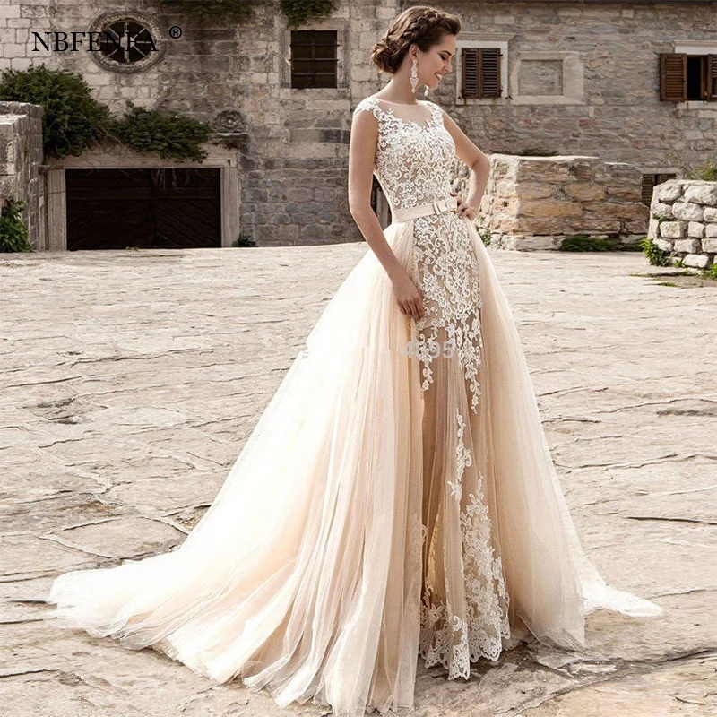 

Sexy White Lace Removable Wedding Dresses for Bride Elegant Long Prom Evening Guest Party Women Dress Summer Formal vestidos