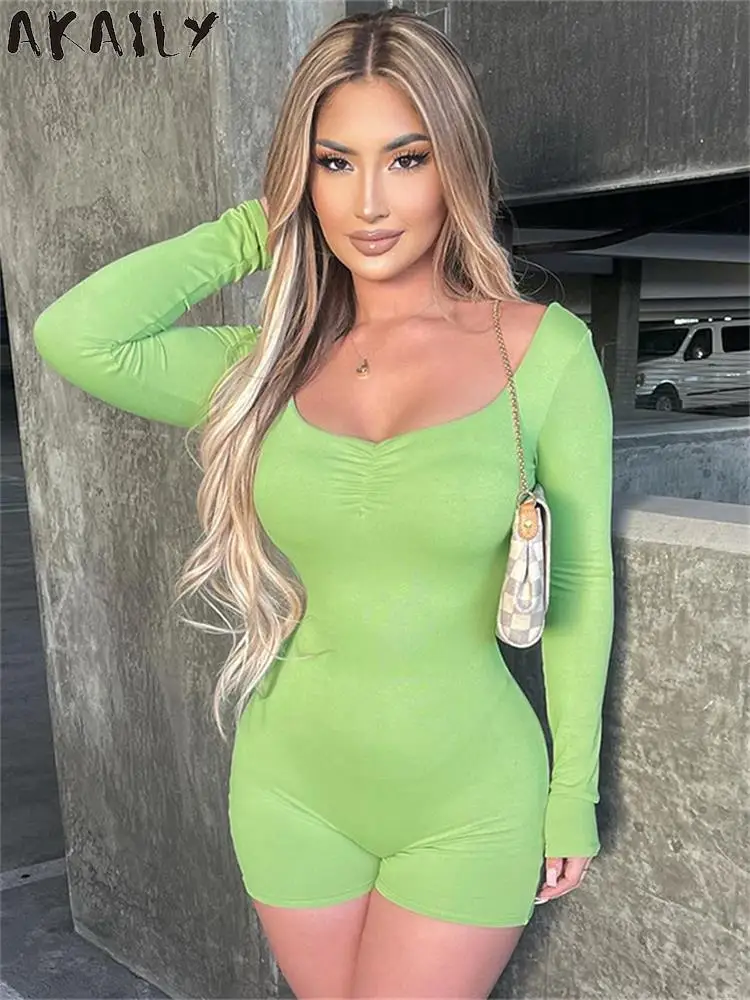 

Akaily Autumn Fashion Yoga Green Bodycon Rompers Club Party For Women 2023 Orange Long Sleeve Sexy Plicated Backless Rompers