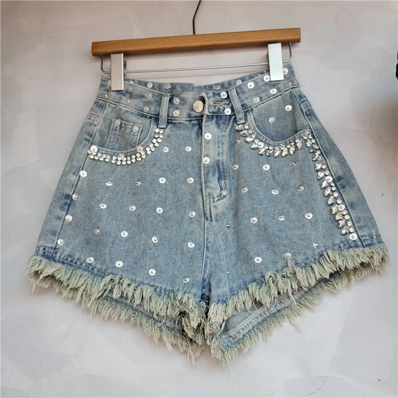 Exquisite Rhinestone Raw Edge Denim Shorts for Women 2024 Summer New High Waist Slimming A- Line Wide-Leg Hot Pants Booty Shorts