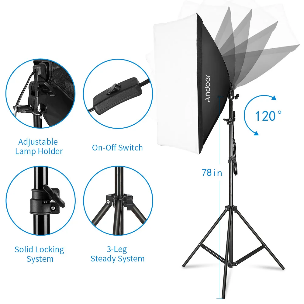 Andoer Professional Studio Photography Softbox Light Kit Including 50*70cm Softboxes/ Photography Umbrella/ 40W Light Bulbs/ 2M 2