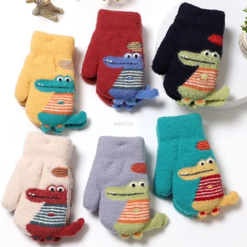 Cute Cartoon Crocodile Baby Gloves Winter Knitted Wool Infants Mittens Thicke Warm Full Rope Gloves for Boys Girls Toddlers 2-5Y