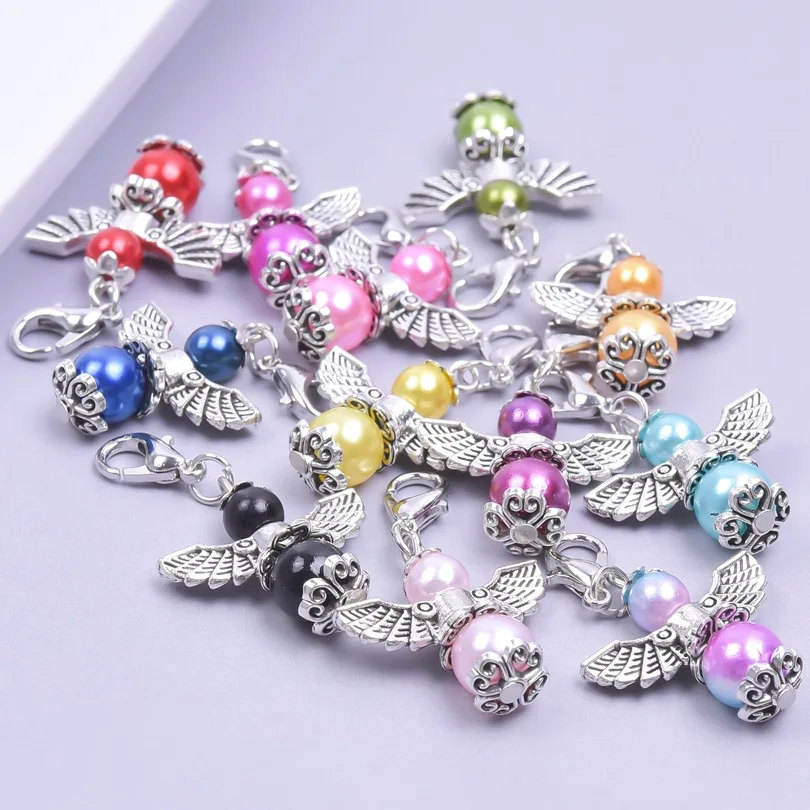 5pcs Zinc Alloy Knitting Stitch Markers Angel Wing with Beads Crochet Locking Stitch Marker DIY Sewing Tool Needle Clip 34*22mm