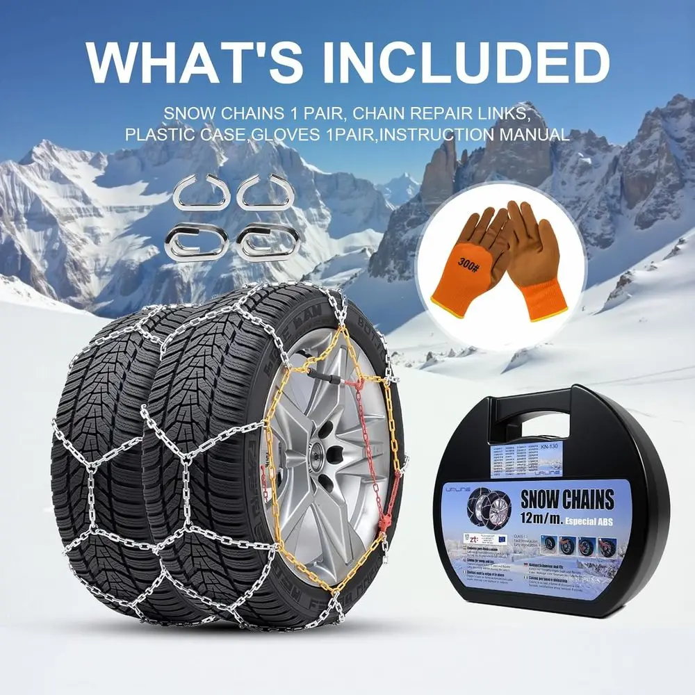 2PCS Snow Chains for SUV/Truck/Car in Snow, Sand, Mud and Ice, Universal Adjustable Emergency Portable Snow Tire Chains(KN150)