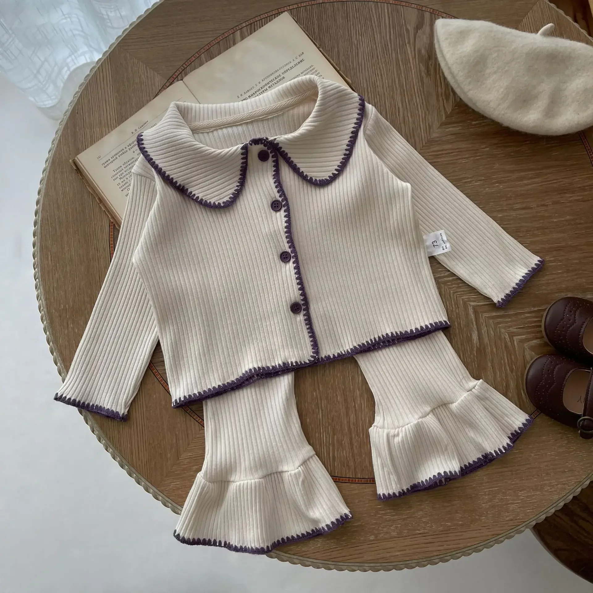 Baby Clothing Set 7467-1 Autumn Infant Shell Knitted Split Suit Contrast Cardigan + Bell Bottoms Casual Girl's Two-piece Set