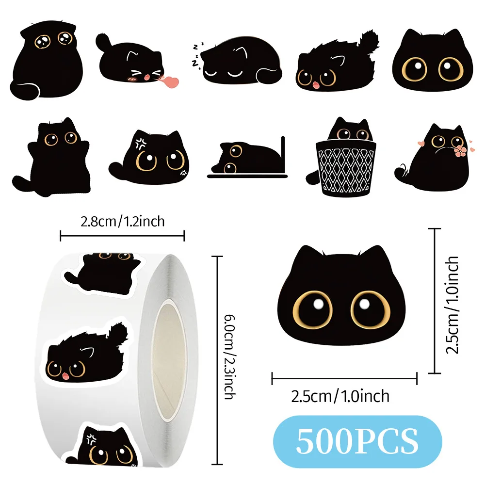Cartoon Black Cat Sticker Roll - 500 Pcs Decorative Stickers | Cute Cartoon Black Cat Sticker Roll - 500 Pcs Decorative Stickers | Cute