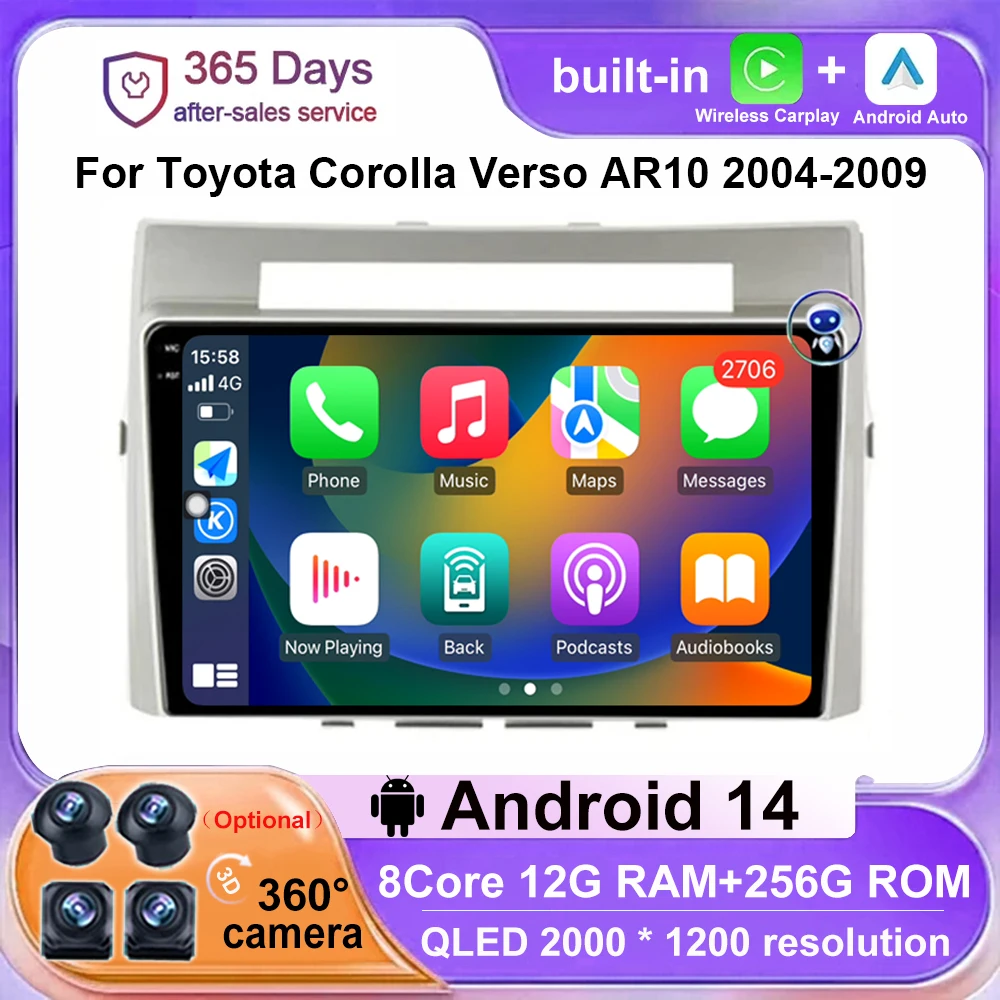 

For Toyota Corolla Verso AR10 2004-2009 Android 14 Car Radio Multimedia Video Player Auto Carplay Stereo GPS WIFI DSP Head Unit