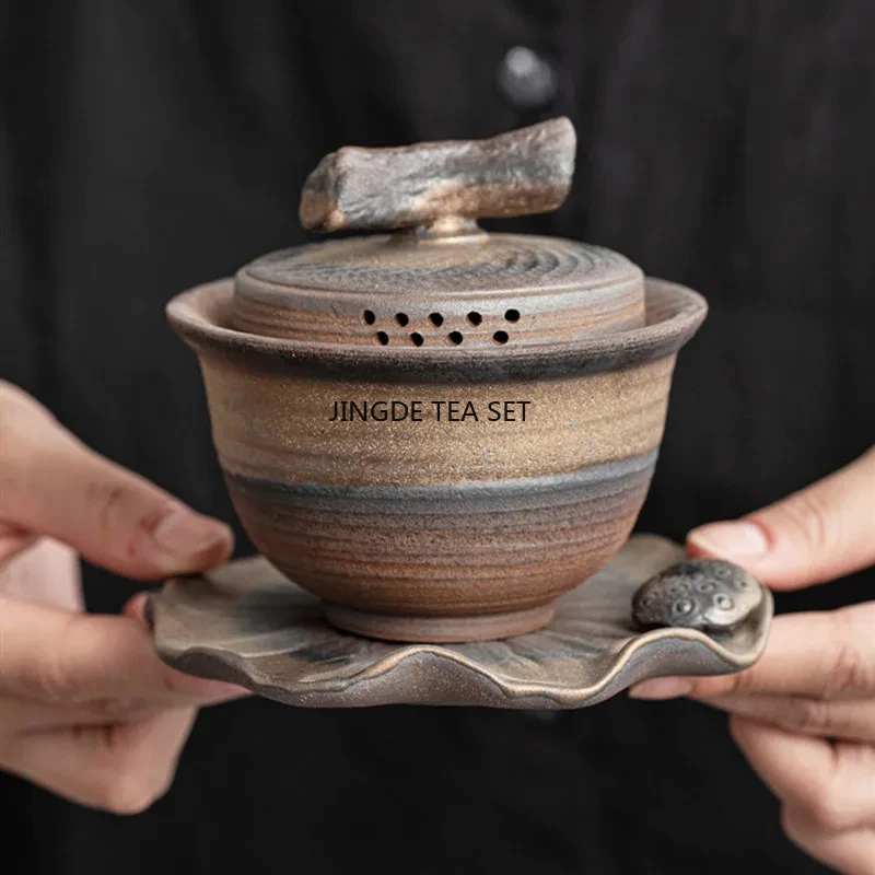 Chinese rough pottery lid bowl retro handmade ceramic travel portable household tea set accessories