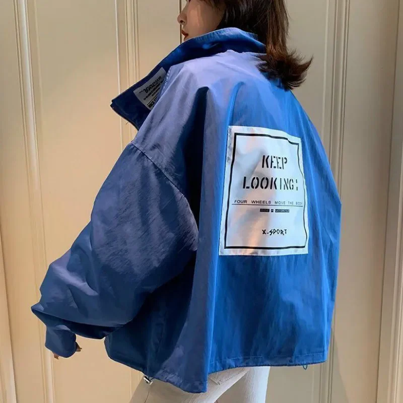 Women Basic Jackets Thin Sun-protect Womens Outwear Stand Collar Cool Street-wear Oversize Ulzzang Colorful Casual Chic Sweet - 3