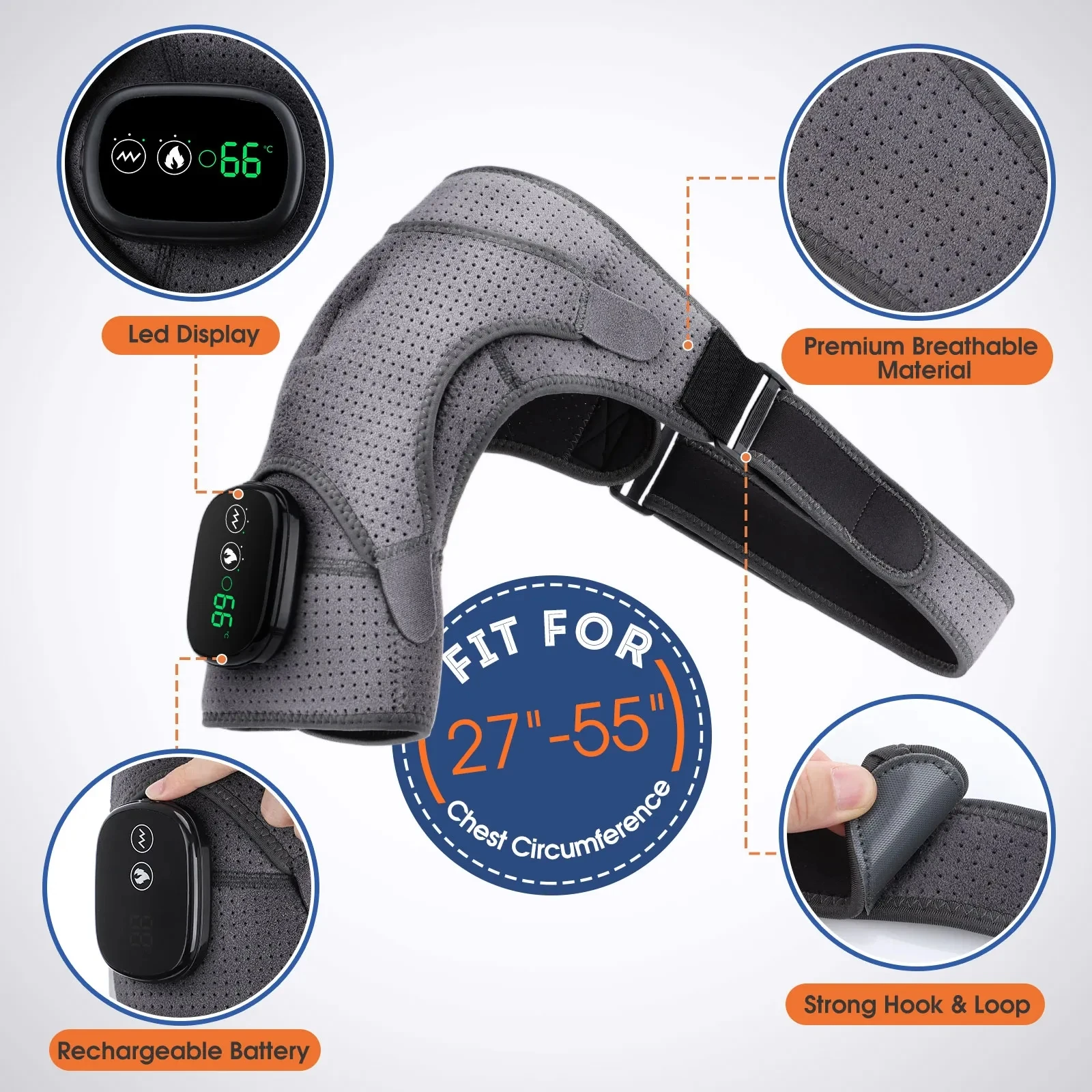 Heated Massaging Shoulder Brace - USB Rechargeable, Adjustable Brace