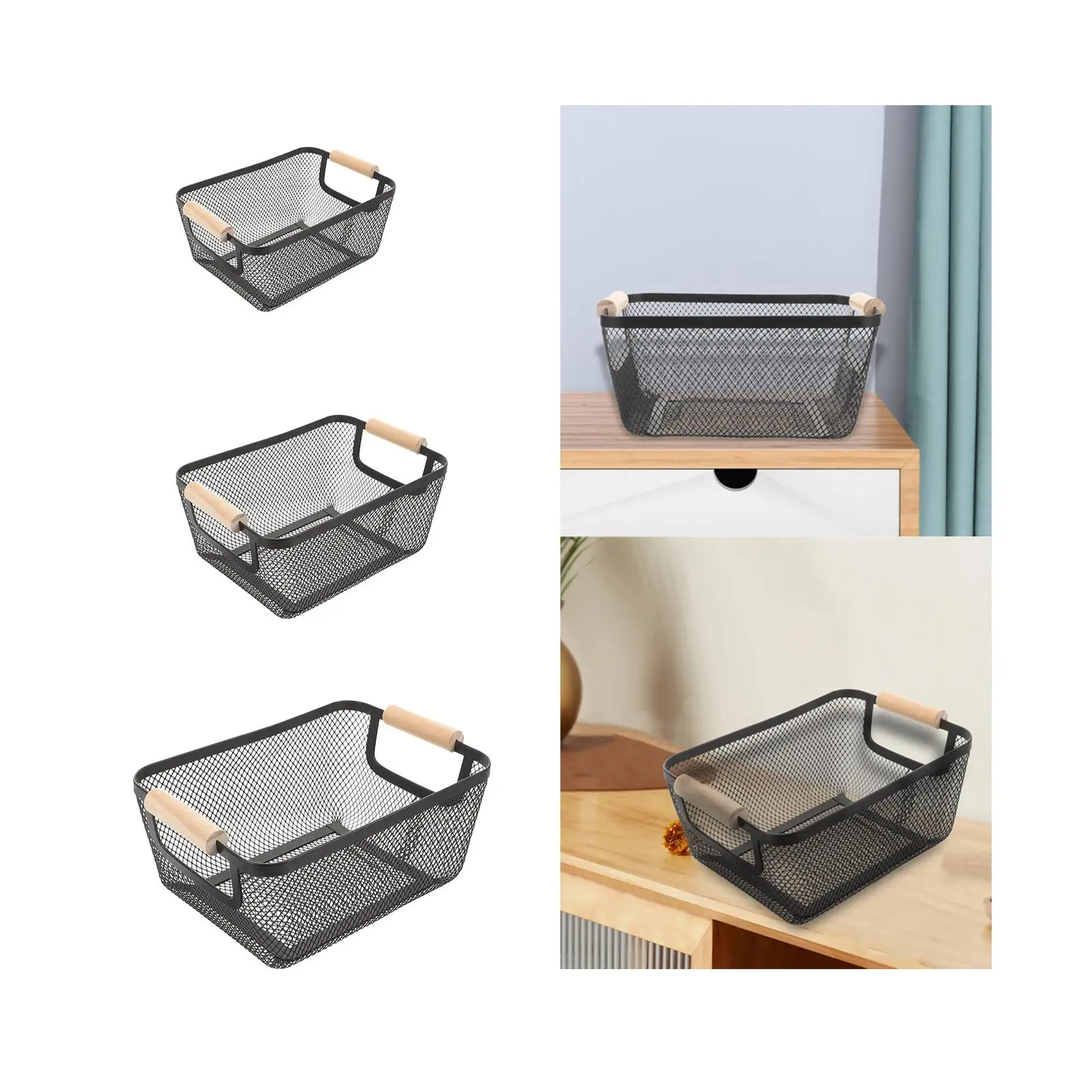 Metal Wire Bin Basket with Wooden Handle Multifunctional Countertop Organizer Portable for Living Rooms Breathable Lightweight 4