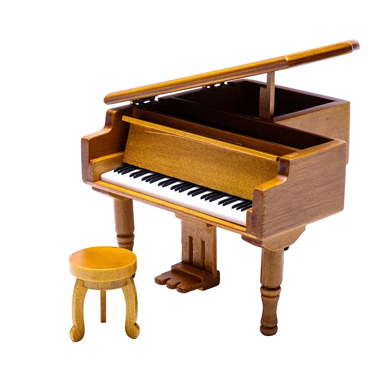 Birch Piano Music Box with Round stool and Jewelry storage for Christmas/Birthday/Valentine's Day, Tone: CANON