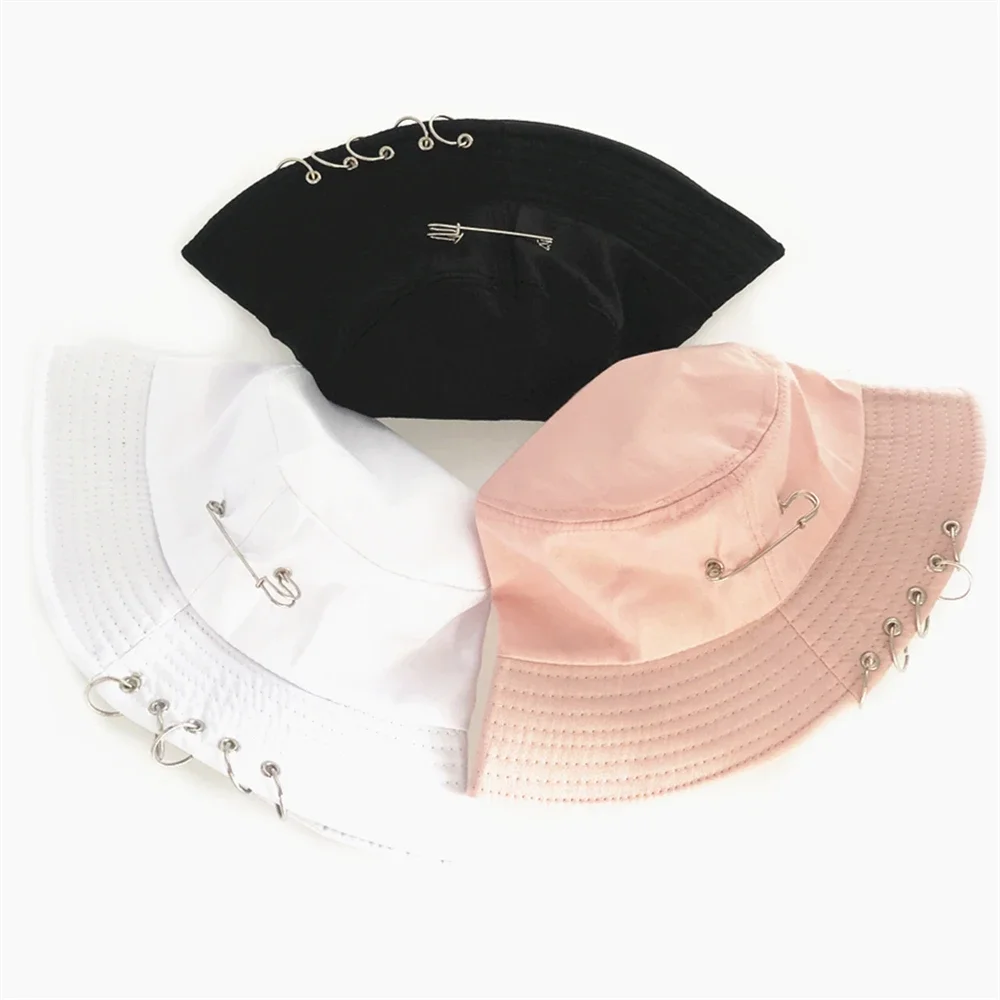XaYbZc Solid Color Iron Pin Rings Personality Bucket Hat For