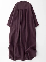Women's Cotton Linen V-Ne Dr Two-Way Wear Long Sve Gown Button Sle A-Line Skirt Casual Commute Wind Spring Faion - Image 3