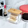 1Pcs Cotton Swab Holder, Cotton Swab Dispenser with Bamboo Lids,Bamboo Bathroom Storage Jars Storage Containers Clear Plastic 1